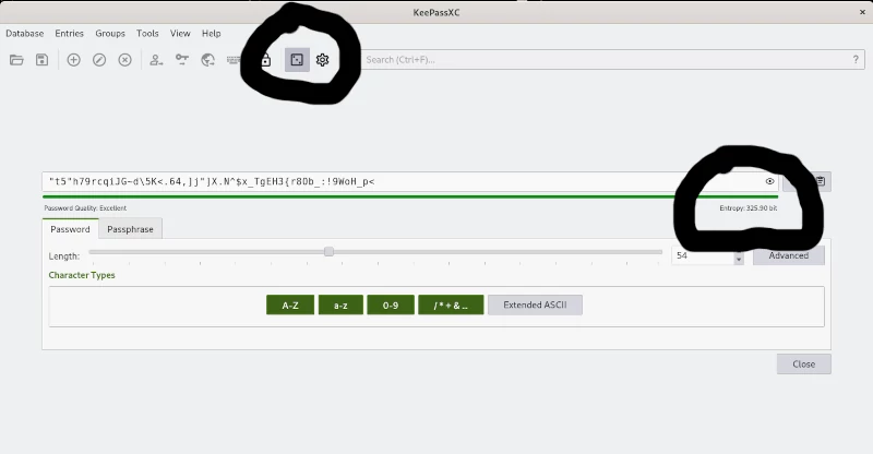 Screenshot of KeePass, highlighting the dice icon and where to find the entropy